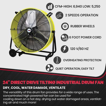 K-TOOL INTERNATIONAL 24" Direct Drive Tilting Industrial Drum Fan, Safety Yellow KTI77740